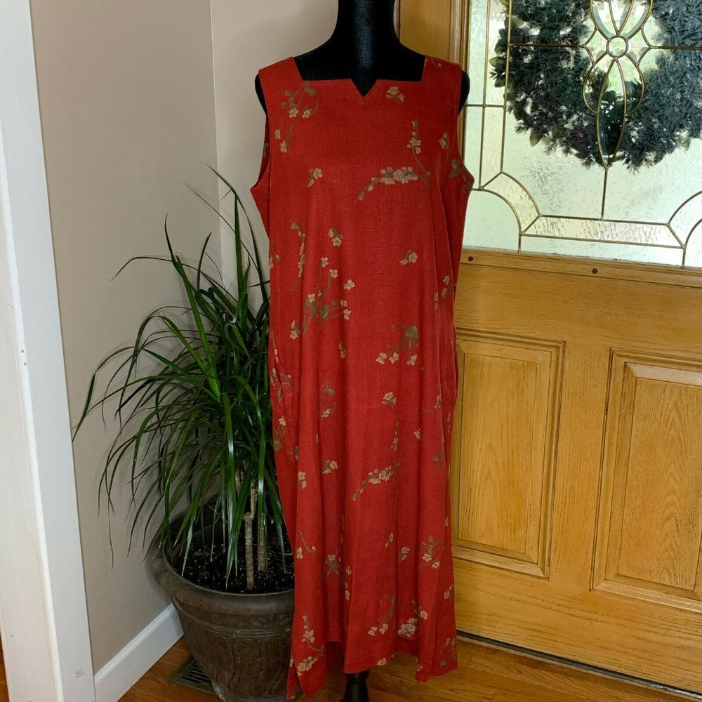 Country Wear Casuals Red Med Straight Sleeveless Linen Blend Dress with Pockets